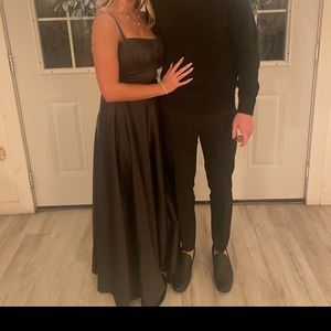 Black satin long bridesmaid dress, worn once, size small straight across neck